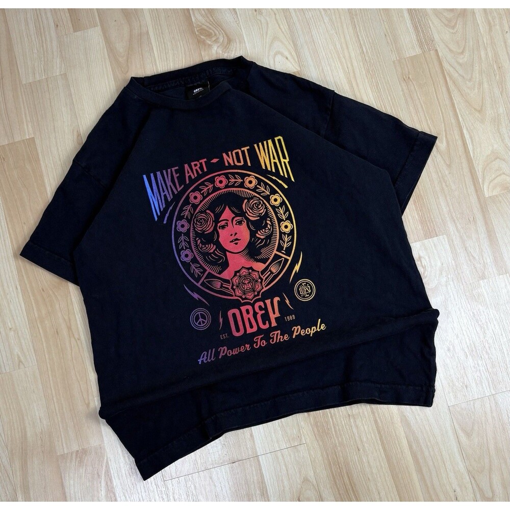 Y2K Obey Make Art Not War Graphic T-Shirt / Black / Size XS